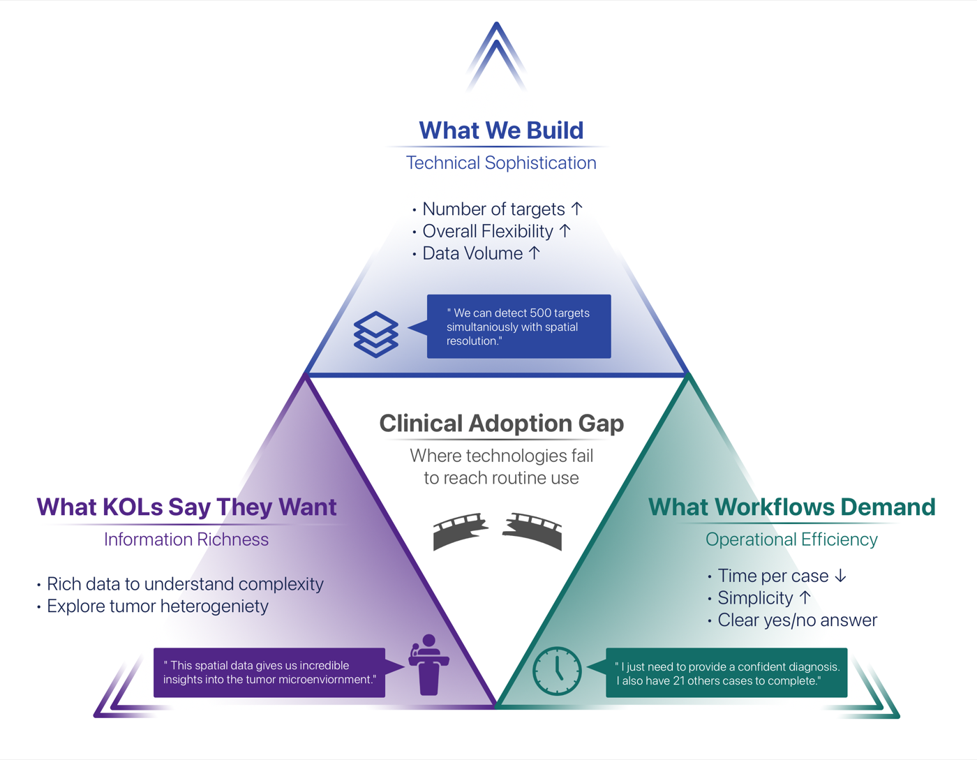 The Clinical Adoption Triangle: What we build (technical sophistication) at the top, what KOLs say they want (information richness) at lower left, and what workflows demand (operational efficiency) at lower right, with a clinical adoption gap in the center.